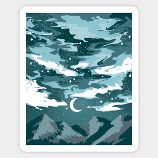 Teal cloudy sky above mountains with a crescent moon Sticker